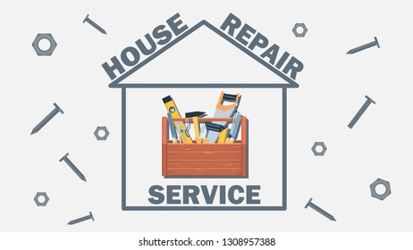 Wooden box with construction tools inside the house icon. Nuts, bolts, screws around the box with construction tools. Wide angle eps10 vector illustration