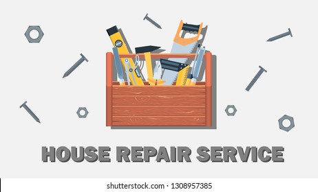 Wooden box with construction tools on white background. Nuts, bolts, screws around the box with Vector large format eps10 illustration