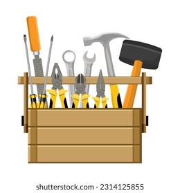 Wooden box with construction tools vector illustration. Isolated on white background