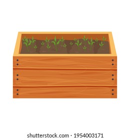 Wooden box, crate with soil, ground and greenery sprouts, seedling in cartoon style isolated on white background. Greenhouse, spring, agriculture concept. 