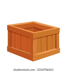 Holzkiste, Liefercontainer im Cartoon-Stil, Spielgut einzeln auf weißem Hintergrund. Holzverpackung, offen strukturiert.