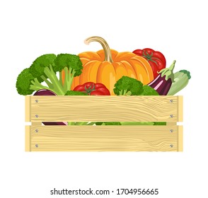 Holzkiste mit verschiedenen frischen Gemüsen einzeln auf weißem Hintergrund. Vektorillustration Illustration des ökologischen Landbaus.