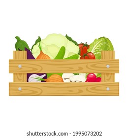 Wooden box with different fresh vegetables, Isolated on white background. Vector illustration of farm organic food cartoon flat style.