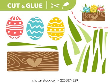 Wooden box with Easter eggs. Cut and glue. Easter eggs.  Applique. Paper education game. Flat, cartoon. Isolated vector illustration eps 10