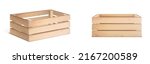 Wooden box or empty crate 3D vector isolated icon. Wood tray for farm fruit or vegetable, timber plank container for market storage, pallet for delivery, top angle view