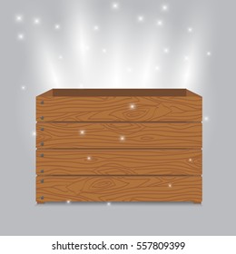 Wooden box. Empty box with secret content. magic and wonderful secret inside. Sparkles and stars glittering. Flat vector stock illustration