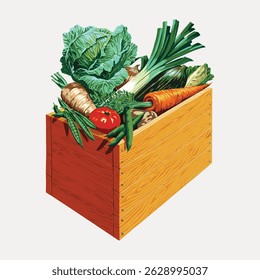 Caixa de madeira cheia de legumes frescos como cenouras, alho poró e repolho. Vegetais dispostos ordenadamente na caixa. Caixa de legumes em um fundo plano. Vintage arte ilustração vetor.