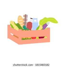 Wooden box filled with vegetables and food, a vector graphics