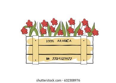 Wooden Box with Flowers. Hand Drawn Sketch. Vector Illustration.