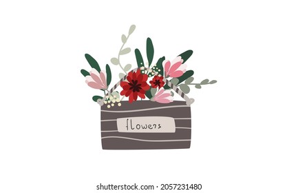 Wooden box with flowers. Present. Clipart. Isolated element of decor on a white background. Eps 10.