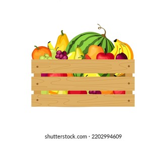 Wooden box with fresh fruits. Vector Illustration.