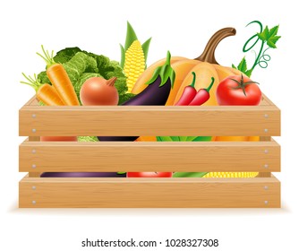 wooden box with fresh and healthy vegetables vector illustration isolated on white background