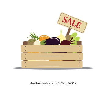 Wooden box with fresh and healthy vegetables vector illustration on a white background. A set of agricultural products. Food discount flyer