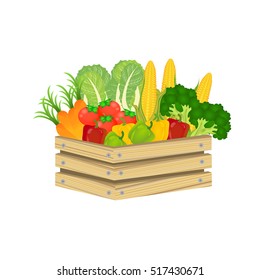 Wooden box and fresh logo with vegetables.retro crate. vegetable carrot tomato broccoli apple cabbage corn peach bell pepper. Vector illustration.