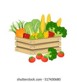 Wooden box and fresh logo with vegetables.retro crate. vegetable carrot tomato broccoli apple cabbage corn peach bell pepper. Vector illustration.