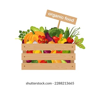 Wooden box with fresh vegetable on white background, organic food sign.