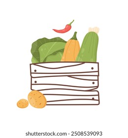 Caja de madera con verduras frescas. repollo, calabacín, pimienta, patatas. Ilustración vectorial