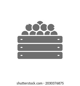 Wooden box with fresh vegetables, garden harvest grey icon.