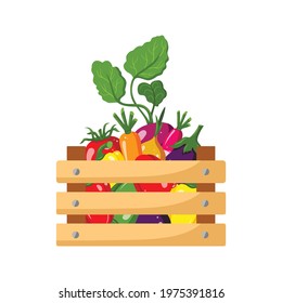 Wooden box with fresh vegetables on white background. Healthy vegan food. Autumn harvest. Vector illustration in a flat style.