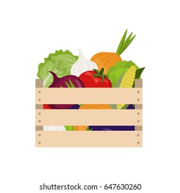 Wooden box with fresh vegetables on white background. The harvest festival. Healthy diet. Vector illustration in flat style.