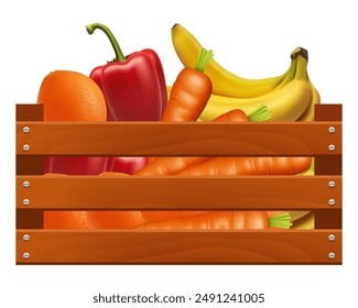 Wooden box with fruit. Vector clipart.