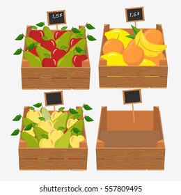 Wooden box for fruit and vegetables. Isolated on white background. Flat vector stock illustration. Exhibition or set of boxes with apples, cherries, pears