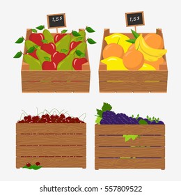 Wooden box for fruit and vegetables. Isolated on white background. Flat vector stock illustration. Exhibition or set of boxes with bananas, apples, cherries