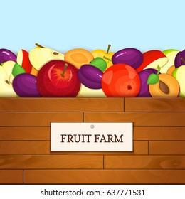 Wooden box with fruits. Vector illustration. Boards wood background, border with apples and plum fruit and label. For the design of packaging, food marmalade, jam, juice, detox diet
