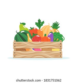 Wooden box with fruits and vegetables, vector illustration in flat style