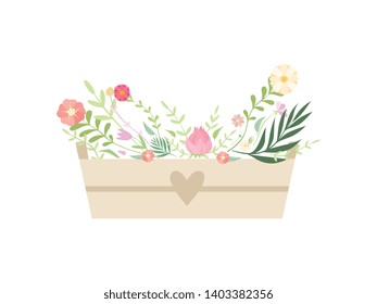 Wooden Box Full of Beautiful Flowers Vector Illustration