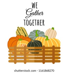 Wooden box full of different fresh pumpkins. We gather together. Flat style design. Vector illustration. Concept for gardening, autumn harvest. Perfect for packaging design of healthy food.
