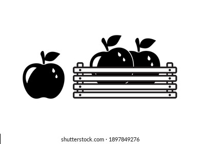 Wooden Box Full Of Fresh Apples. Fruit Icon. Vector Black And White Illustration On White Background In Flat Design.