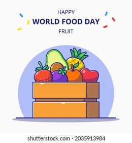 Wooden Box Full of Fresh Fruits Cartoon Illustration World Food Day Celebrations.