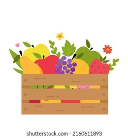 Wooden box full of fruits. Farm market, harvest