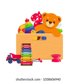 Wooden box full of kids toys. Set of different kids toys in a wooden box on white background. Vector illustration