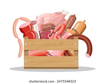 Wooden box full of meat. Chop, sausages, bacon, ham. Marbled meat beef. Butcher shop, steakhouse, farm organic products. Grocery food. Pork fresh steak. Vector illustration flat style