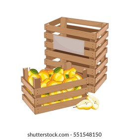 Wooden box full of pear isolated on white background vector illustration. Fresh fruit, organic farming, vegan food, delivery farm product, grocery store concept. Yellow ripe pear in wooden crate icon.