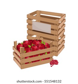 Wooden box full of pomegranate isolated on white background vector illustration. Fresh fruit, organic farming, vegan food, delivery farm product, grocery store. Ripe pomegranate in wooden crate icon.
