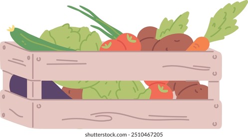 Wooden box full of vegetables. Farm food icon isolated on white background