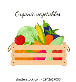 A wooden box full of vegetables, pumpkin, corn, carrots, beets, eggplant, zucchini, cabbage. Natural, organic food. The concept of growing your own vegetables. vector illustration. Isolated on white.