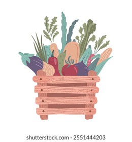 Wooden box with garden vegetables. Healthy food concept. Fresh farm products. Vector illustration of organic food. Grocery products in eco package. Local market, autumn harvest