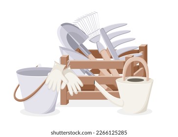 Wooden box with gardening tools, home decor, storage equipment. Indoor garden and urban jungle concept. Cute isolated vector illustration for product design and decoration