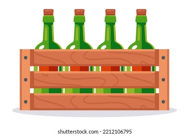 wooden box with glass wine bottles. alcohol in the package. flat vector illustration.