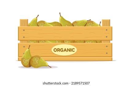 Wooden Box With Green Pears. Fruit Box Icon. Vector Illustration Isolated On White Background.