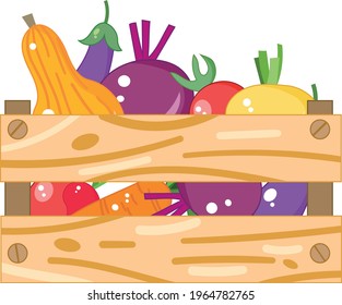 Wooden box for harvest in flat vector cartoon style with farmer grocery vegetables. Ideal for retail design, logo, grocery shops. Natural organic food.
