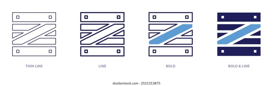 Holzkastensymbol in 4 verschiedenen Stilen. Dünne Linie, Linie, Fett und Fette Linie. Duotone-Stil. Bearbeitbarer Strich.