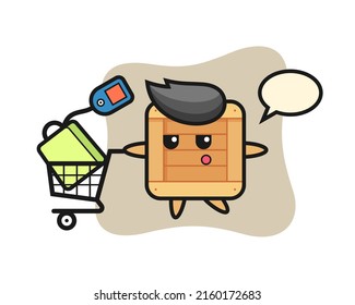 wooden box illustration cartoon with a shopping cart , cute style design for t shirt, sticker, logo element