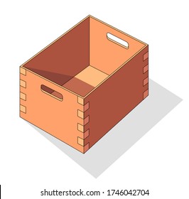Wooden box isometric vector icon. Pallets fruits and vegetables transportation container, drawers and empty wood crates, cargo distribution pack. Open delivery wooden box and parcels, cargo, logistic