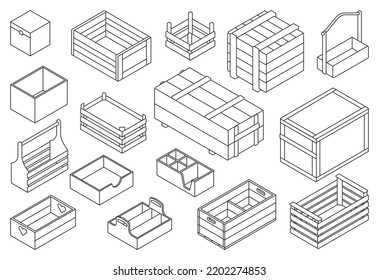 Wooden box isometric vector outline set icon. Isolated isometric outline set icon crate and container. Vector illustration wooden box on white background .