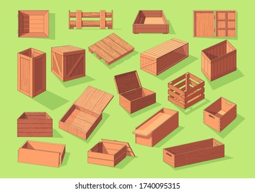 Wooden box isometric vector set icon. Pallets fruits and vegetables transportation containers, drawers and empty wood crates, cargo distribution packs. Delivery wooden box and parcels, cargo, logistic